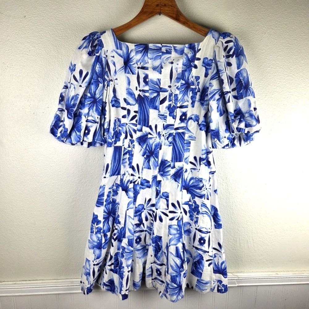 Caroline Constas NWT Linen Blend Floral Blue and White Mini Dress Size 02/XS - Picture 2 of 13